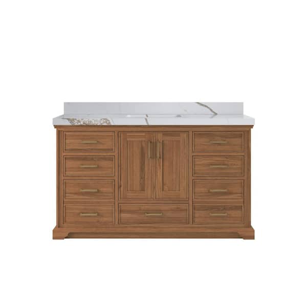 Willow Collections Charlotte Teak 60 in. W x 22 in. D x 36 in. H Single Sink Bath Vanity in Dark Natural with 2 in. Calcutta Gold Qt. Top