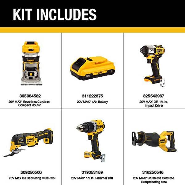 20V MAX Lithium-Ion Cordless 4-Tool Combo Kit and 20V Brushless Fixed Base Compact Router w/ (2) 4Ah Batteries & Charger