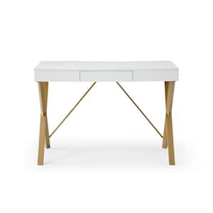 Khadijah 21.7 in. Wide Rectangular White/Gold Wooden 1-Drawer Writing Desk with Steel Legs