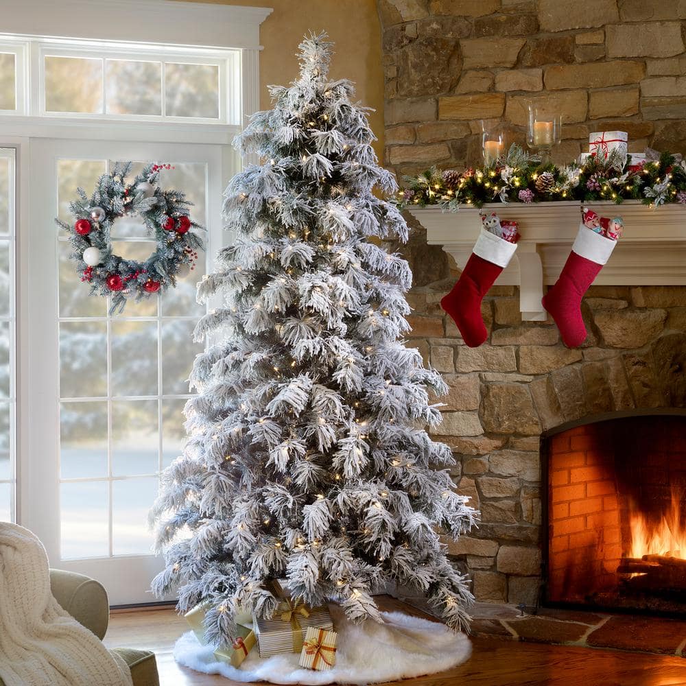 7.5 Ft Pre-Lit Snowy Spruce Artificial Christmas Tree with Warm White Lights