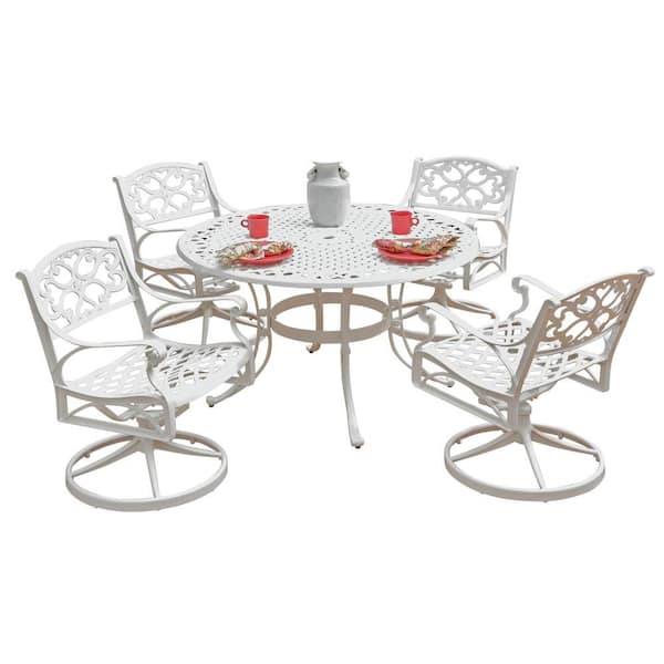 Home Styles Biscayne 42 in. White 5-Piece Round Swivel Patio Dining Set with Green Apple Cushions