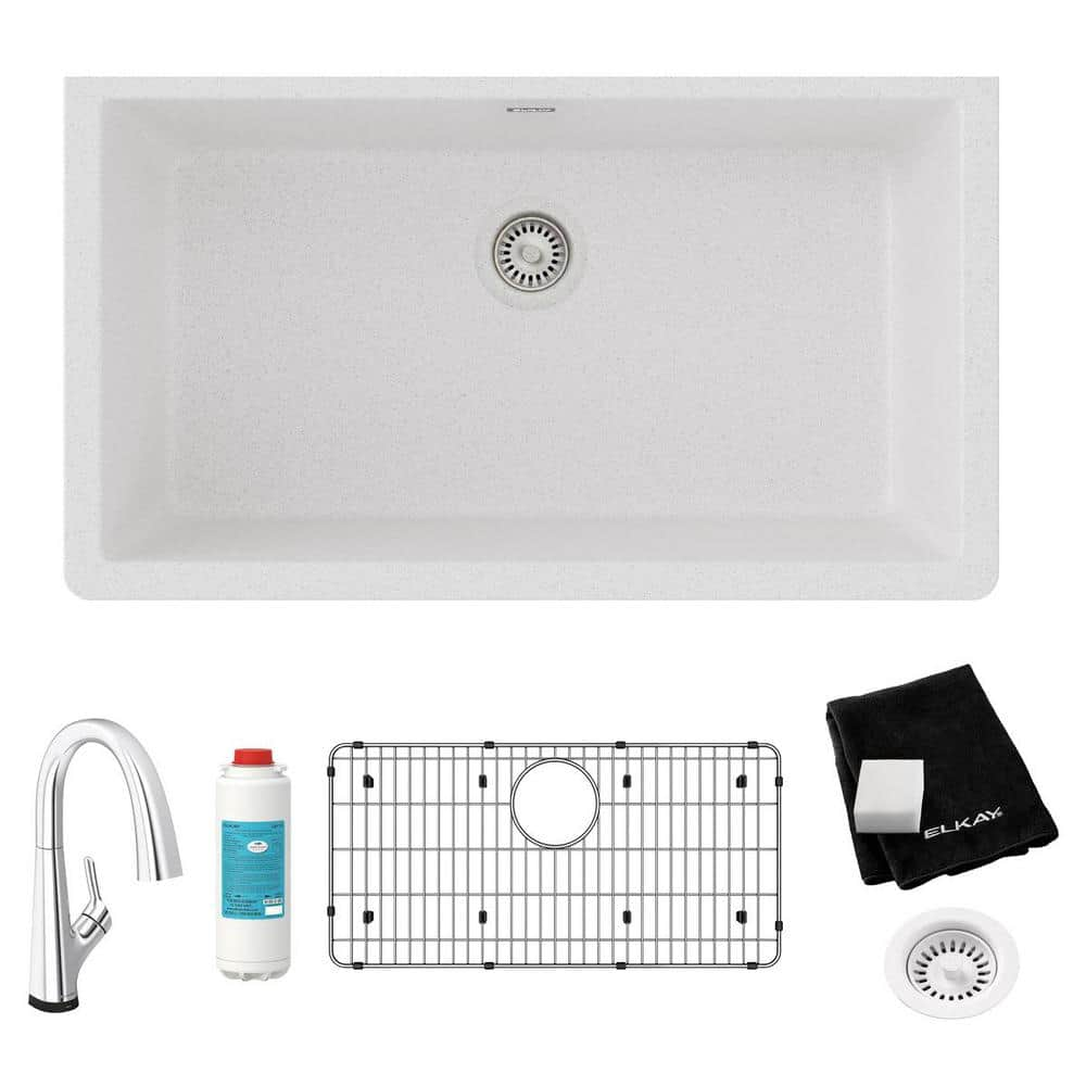 Elkay Quartz Classic 33 in. Undermount Single Bowl White Granite/Quartz Composite Kitchen Sink Kit w/ Faucet and Accessories