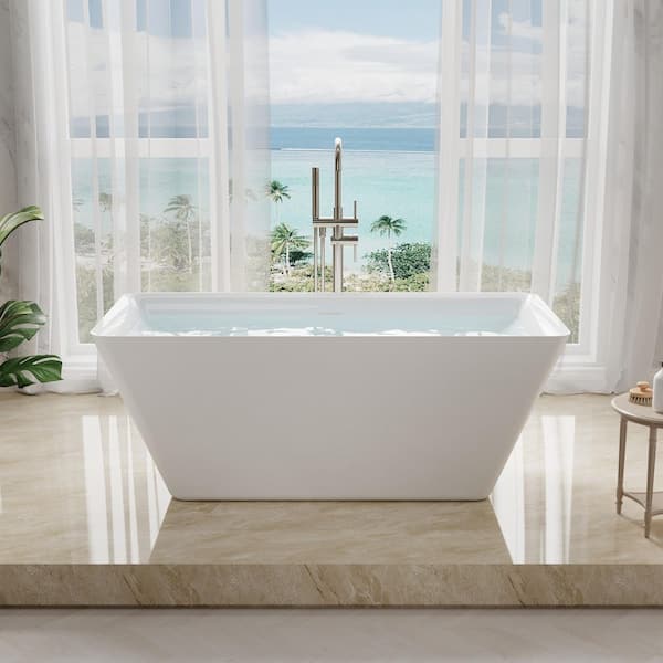 Square 60 in. x 28.5 in. Acrylic Flatbottom Double Ended Freestanding Soaking Bathtub with Drain and Overflow in White