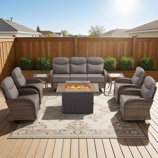 High Crescent 10-Piece Brown Wicker Patio Conversation Set with Gray Cushions and Wicker Fire Pit Table
