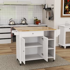 Double-Door Kitchen Cart Island with Lockable Wheels Towel Rack Storage Drawer and 3-Open Shelves in White