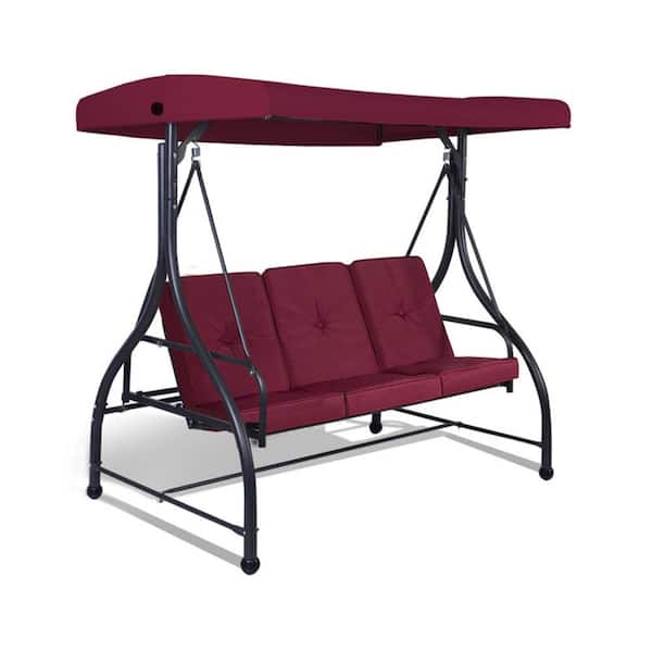 Mondawe Red 3-Person Metal Outdoor Patio Swing Chair Yard Lounge Chair with Adjustable Canopy and Removable Cushions