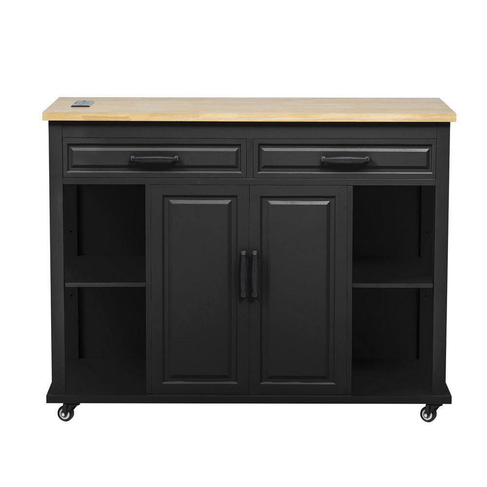 White Kitchen Cart with Extendable Dining Table, Internal Racks, 4 Open Side Shelves, 2-Drawer, Power Outlet - thumbnail 6