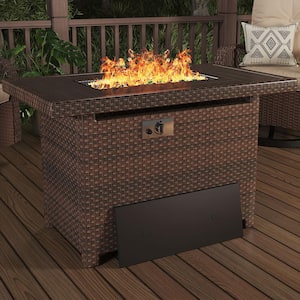 44 in. 50,000 BTU Rectangular Brown Wicker Outdoor Fire Pit Table with Rain Cover Propane Gas
