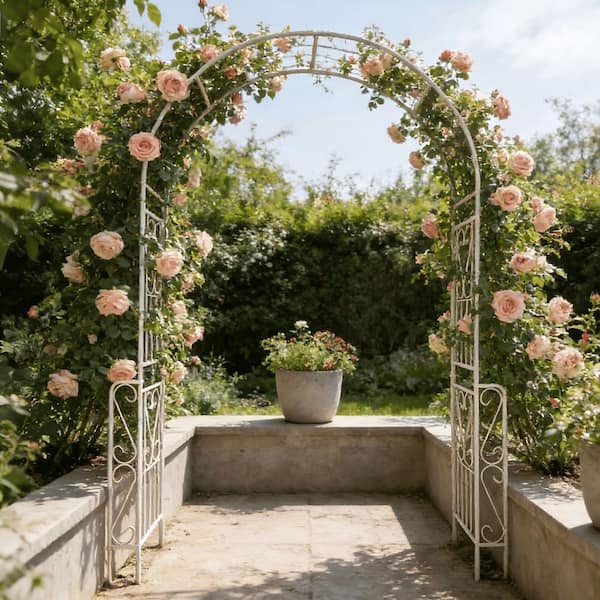 55 in. x 94.5 in. Iron Art Arc Top Iron Arch Arbor White