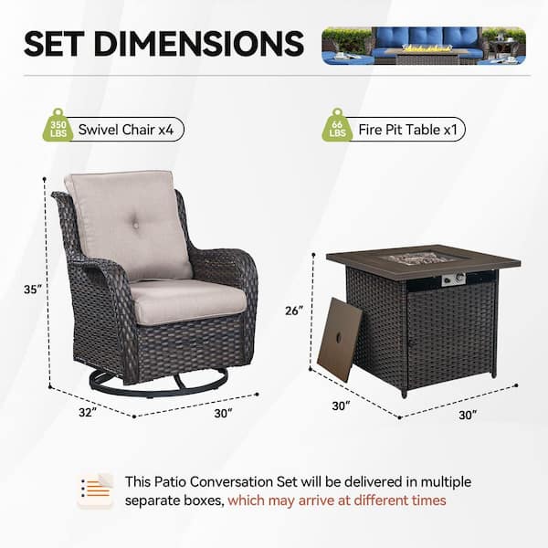 Arcline Brown 5-Piece Wicker Outdoor Dining Set with Olefin Beige Cushions Fire Pit Sets with Swivel Gliders for Patio