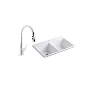 Brookfield Drop-In Cast Iron 33 in. Double Bowl Kitchen Sink in White with Simplice Kitchen Faucet