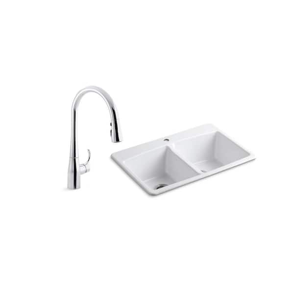KOHLER Brookfield Drop-In Cast Iron 33 in. Double Bowl Kitchen Sink in White with Simplice Kitchen Faucet