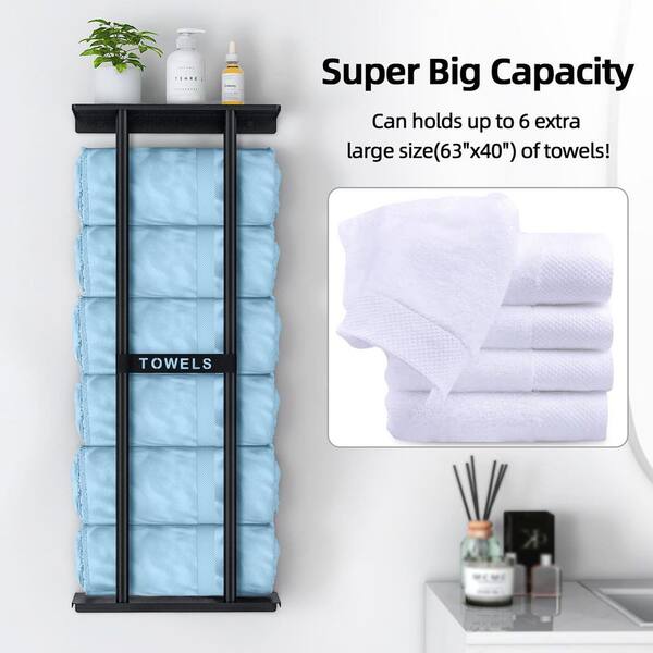 Bathroom Towel Storage Rack Wall Mounted 30 Inch With Shelf – Holds 6 Large Towels, Sturdy Black Metal Rack For Rolled Towels, Space-Saving Organizer For Small Bathrooms