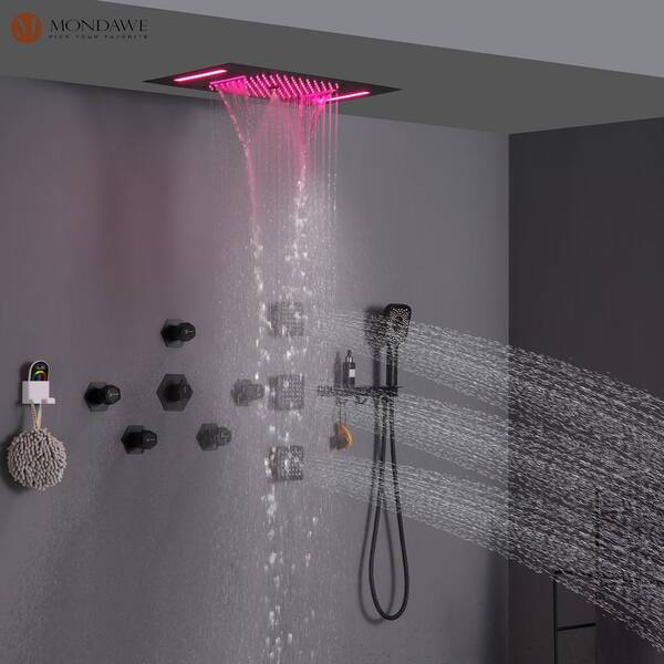 Contemporary Shower System Thermostatic Matte Black Solid Brass Rainfall Shower  Head