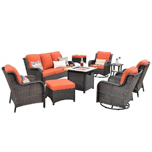 Oreille Brown 9-Piece Wicker Outdoor Firepit Patio Conversation Sofa Set with Swivel Rockers and Orange Red Cushions