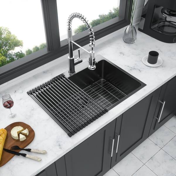 stufurhome - 30 in. Gunmetal Black Single Bowl Workstation 16-Gauge Stainless Steel Drop-In Kitchen Sink with Backspalash