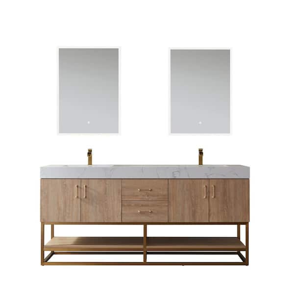 ROSWELL Alistair 72 in. W x 22 in. D x 33.9 in. H Bath Vanity in Oak with Stone Vanity Top in White with Double Sinks and Mirror