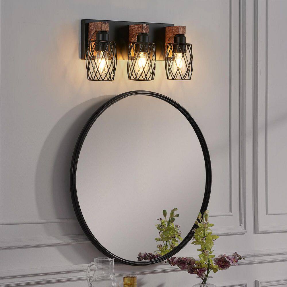 5.7 in. 3 Light Walnut Vanity Light Industrial Vintage Wall Sconce-Black Cage Wall Lighting Fixture with Wooden Accents price history on PriceWatchPro