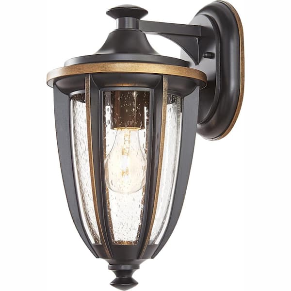 Home Decorators Collection 15 in. 1-Light Black with Gold Highlights Outdoor 8 in. Wall Lantern Sconce with Clear Seedy Glass