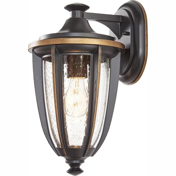 Home Decorators Collection 15 in. 1-Light Black with Gold Highlights Outdoor 8 in. Wall Lantern Sconce with Clear Seedy Glass