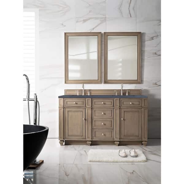 James Martin Vanities Bristol 60 in. W x 23.5 in. D x 34 in. H Double Bath Vanity in Whitewashed Walnut with Quartz Top in Charcoal Soapstone