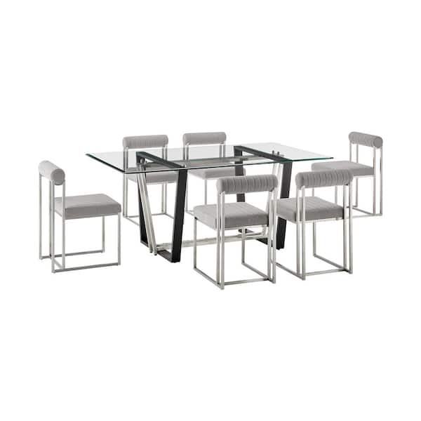 Armen Living Kai Anastasia 7-Piece Light Gray Fabric Stainless Steel and Glass Top Dining Set Seats 6