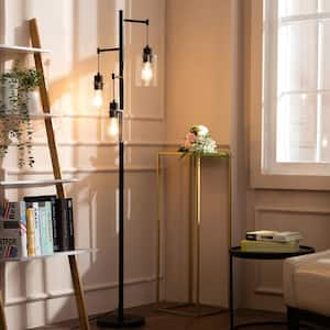 65 in. Black Industrial Floor Lamp with Hanging Glass Shades 3-Light