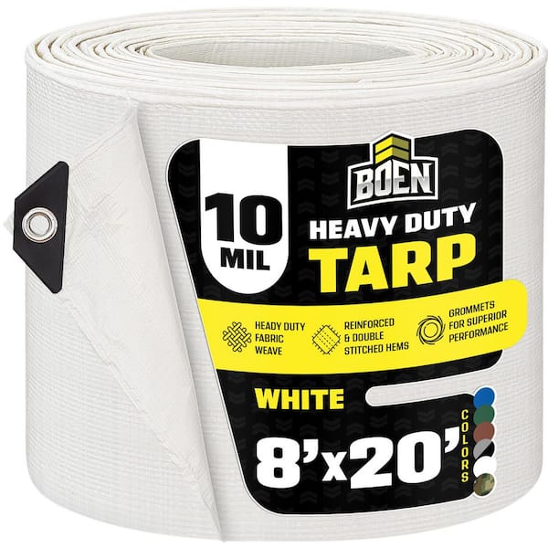 8 ft. x 20 ft. Heavy-Duty Commercial White Tarp Cover 10 Mil Thick Weave Material, Waterproof