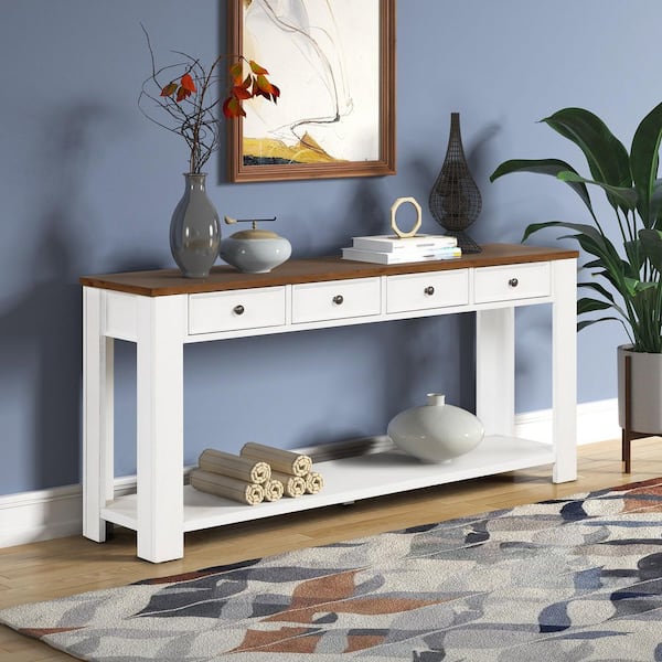 white console table with brown top