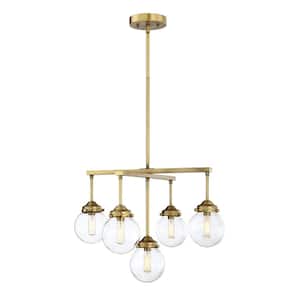 Meridian 22 in. W x 16 in. H 5-Light Natural Brass Chandelier with Clear Glass Shades