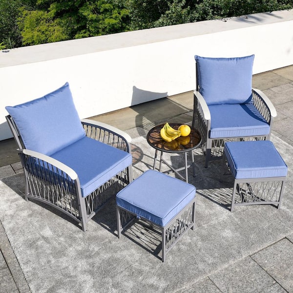 Zeus & Ruta 5-Piece Gray Metal Outdoor Conversation Set with Blue Cushions, Ottoman and 1 Coffee Table