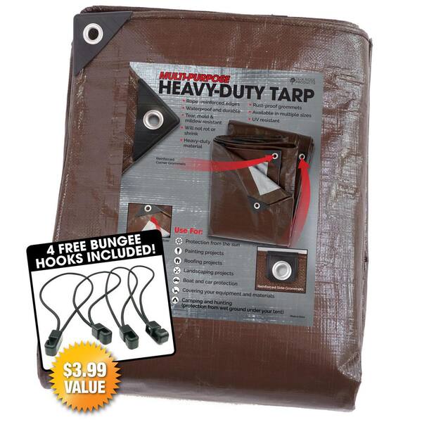 TAFCO PRODUCTS 8 ft. x 10 ft. Heavy-Duty Brown/Silver Reversible Poly 10 mil Tarp Kit Include 4 Free Bungee Hook Tie Downs