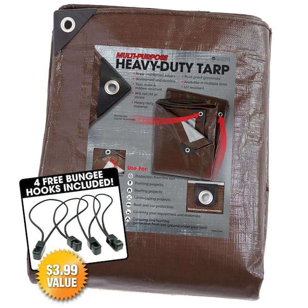 TAFCO PRODUCTS 10 ft. x 12 ft. Heavy-Duty Brown/Silver Reversible Poly 10 mil Tarp Kit Include 4 Free Bungee Hook Tie Down
