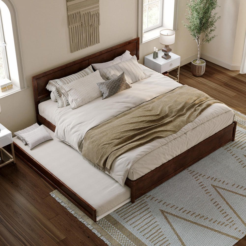 Walnut King Solid Wood Platform Bed with Trundle