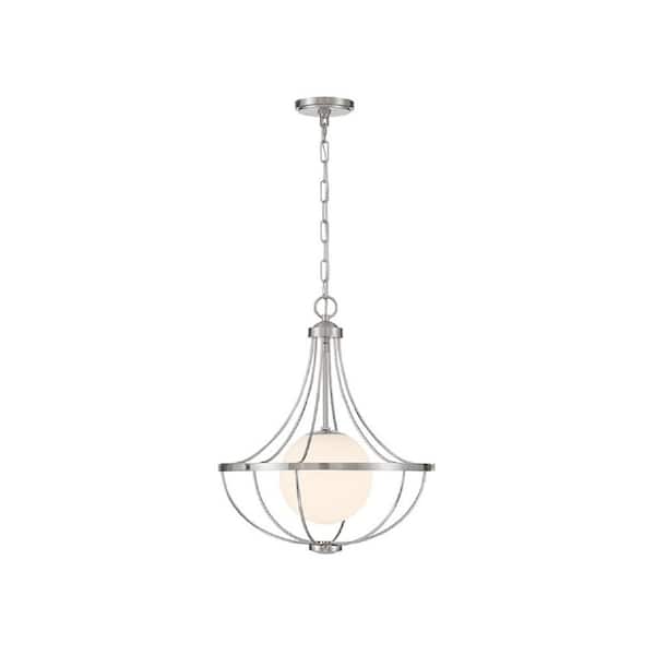 Meridian 18 in. W x 22 in. H 1-Light Brushed Nickel Contemporary Pendant Light with White Opal Glass Shade