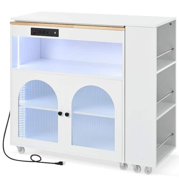 Unbranded White Wood 56.3 in. Kitchen Island with Extended Table, LED Lights, Power Outlets and 2 Fluted Glass Doors