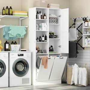 31.5 in. W x 13.8 in. D x 78.7 in. H White Wood Freestanding Bathroom Linen Cabinet with Flip Storage for Clothes