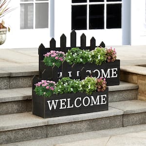 23 in. L Black Washed Black Solid Wood WELCOME Fence-Inspired Planter Stands Kits and Accessories (2-Pack)