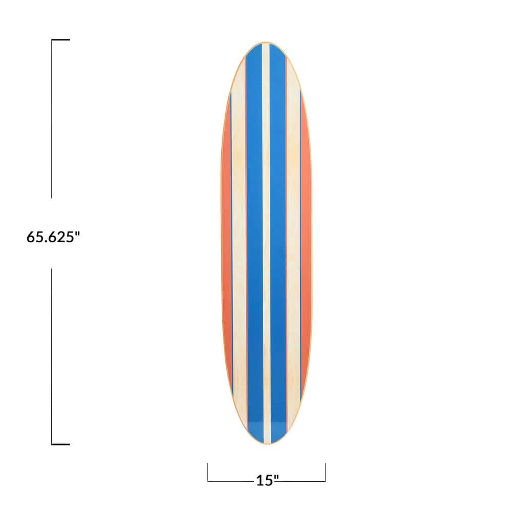 Colorful Marine Wood Surfboard Wall Art with Orange and Blue Stripes