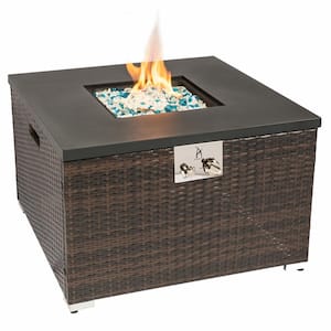 Outdoor Gas Fire Pit Square Dark Brown Wicker Fire Pit Table Propane Fire Table with Glass Rocks