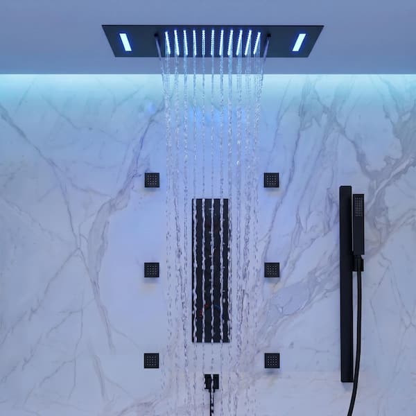 Thermostatic 15-Spray LED 23 x 15 in. Ceiling Mount Dual and Handheld Shower 2.5 GPM with Slider Bar in Matte Black
