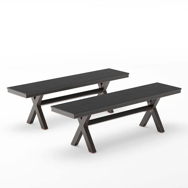 LUE BONA Domi 59in. Aluminium Frame X-Leg Black Outdoor Bench with Plastic Top Patio Dining Benches for Table（Set of 2）