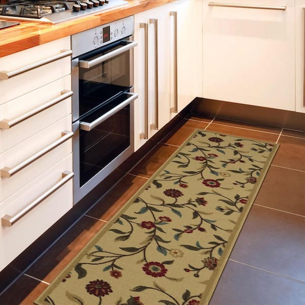 Ottohome Collection Non-Slip Rubberback Floral Leaves 2x5 Indoor Runner Rug, 1 ft. 8 in. x 4 ft. 11 in., Beige