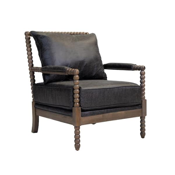 Benjara Gray and Brown Faux leather Accent Chair with Beaded Frame