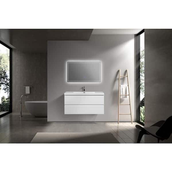 42 in. W Floating Single Sink Bath Vanity in Glossy White with Gloss White Resin Top