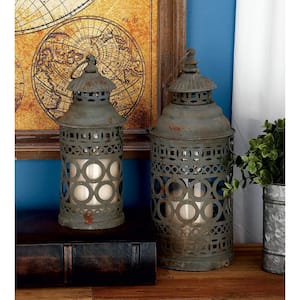 Black Metal Decorative Candle Lantern with Intricate Scroll Work (Set of 2)