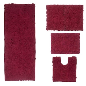 Bell Flower Collection 100% Cotton Tufted Bath Rugs, 4-Pcs Set with Contour, Red