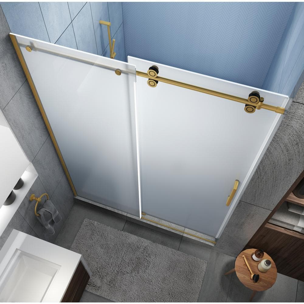 Langham XL 56-60" Brushed Gold Frameless Sliding Shower Door with Frosted Glass