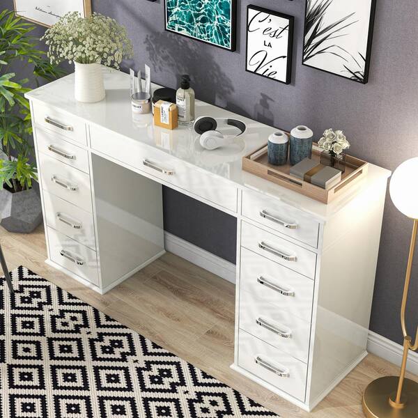 Luttrell White Vanity Table with Multiple Drawer 36 in. H x 62.25 in. W x  17 in. D