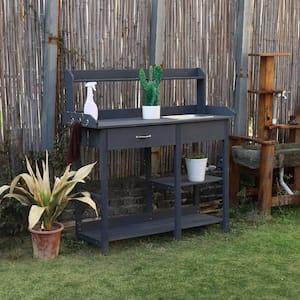47.9 in. H x 42.1 in. W x 15.3 in. D Dark Grey Wooden Garden Potting Bench Table with Removable Stainless Sink & Drawer